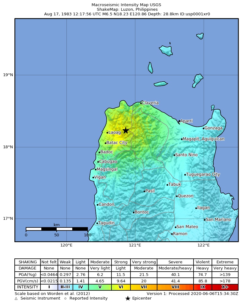 USGS ShakeMap: estimated shaking intensity around the epicenter