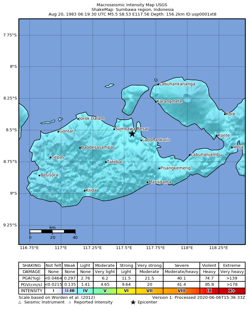 USGS ShakeMap: estimated shaking intensity around the epicenter