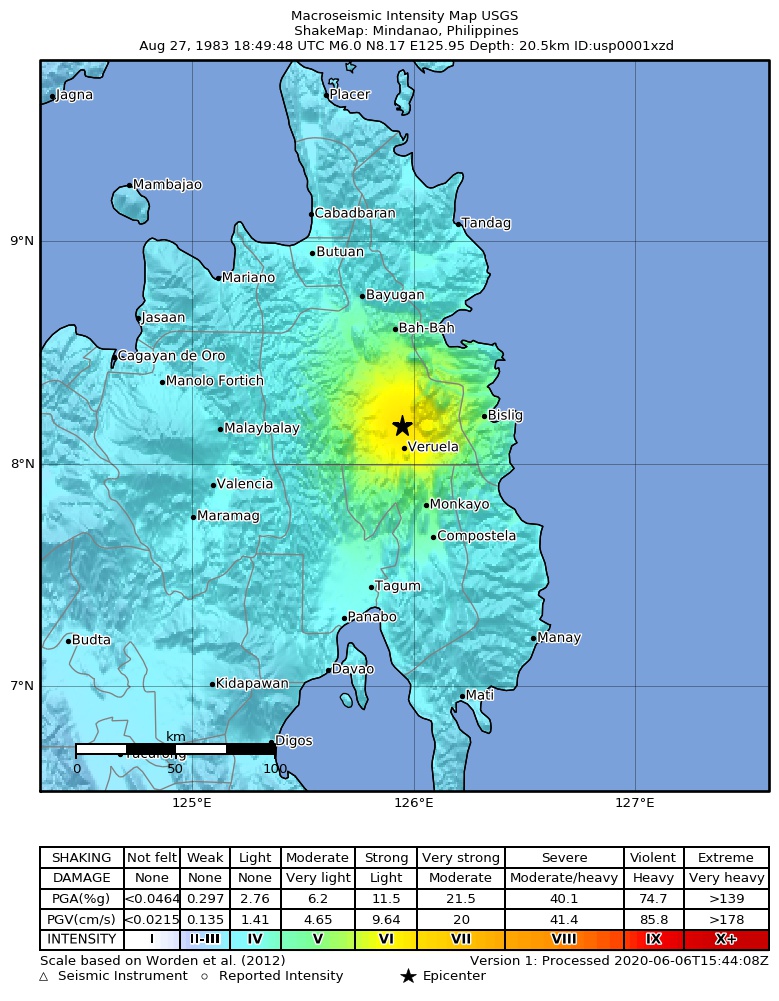 USGS ShakeMap: estimated shaking intensity around the epicenter