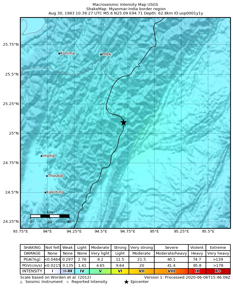USGS ShakeMap: estimated shaking intensity around the epicenter