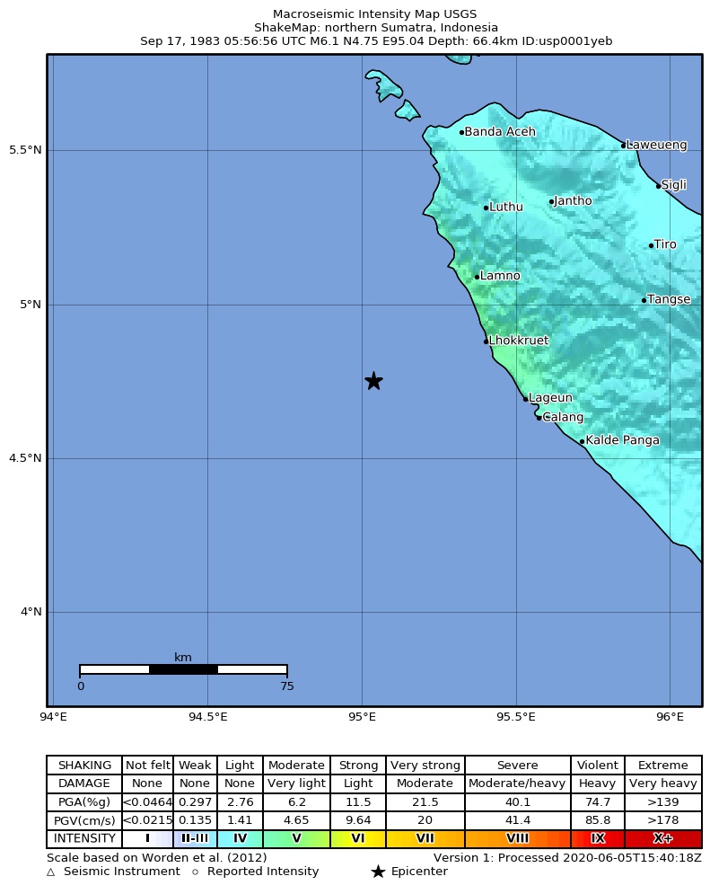 USGS ShakeMap: estimated shaking intensity around the epicenter