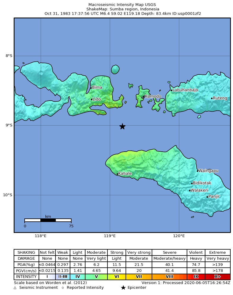 USGS ShakeMap: estimated shaking intensity around the epicenter