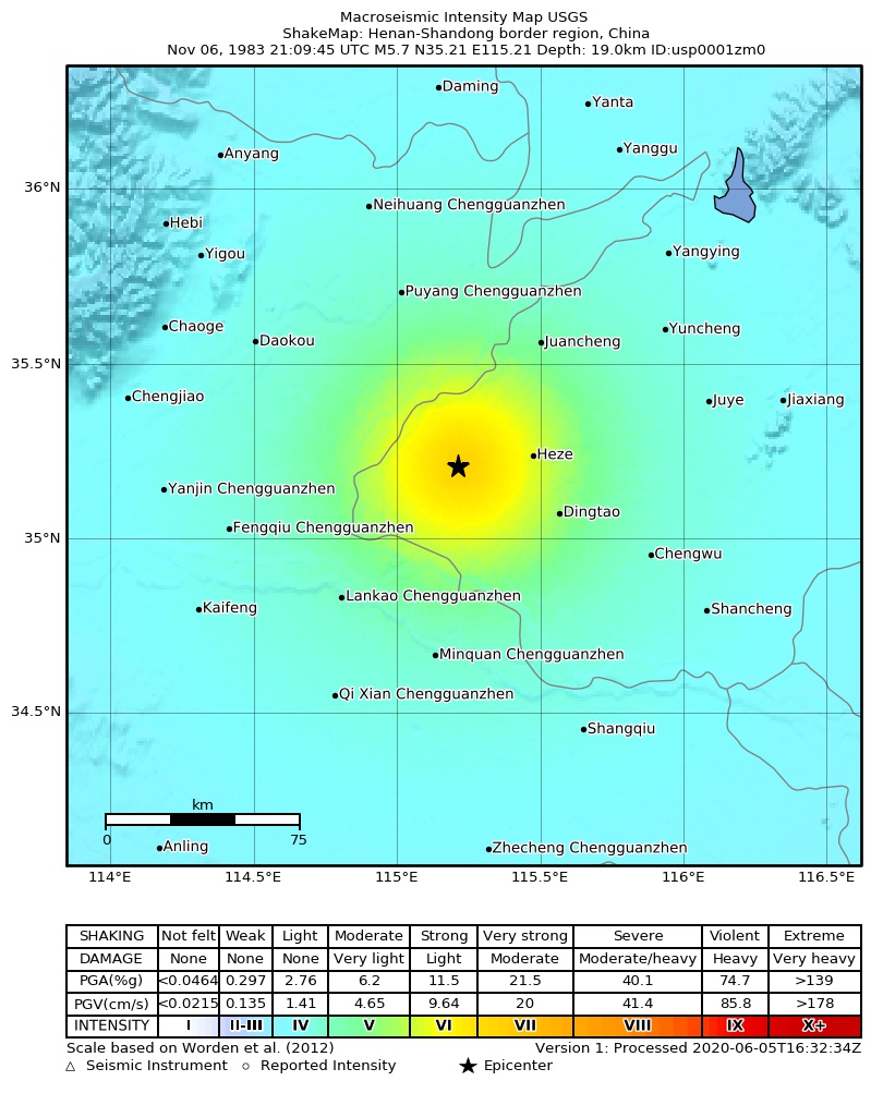USGS ShakeMap: estimated shaking intensity around the epicenter