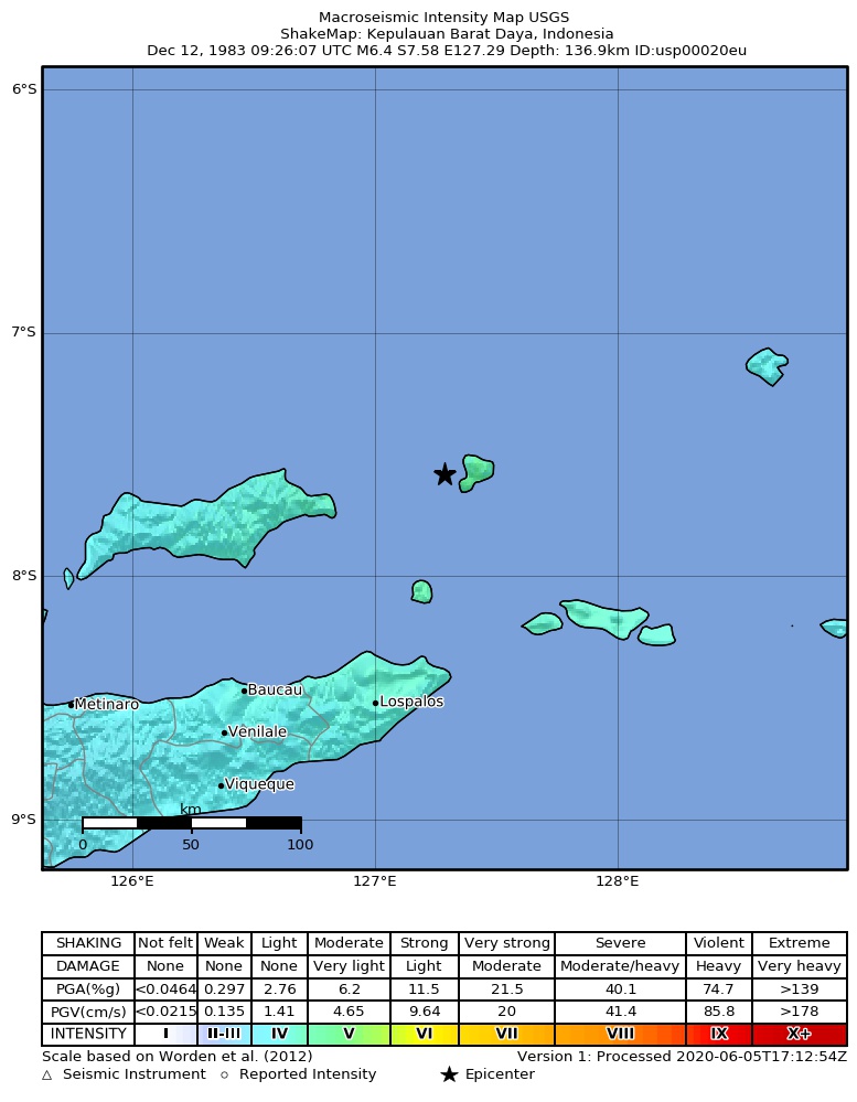 USGS ShakeMap: estimated shaking intensity around the epicenter