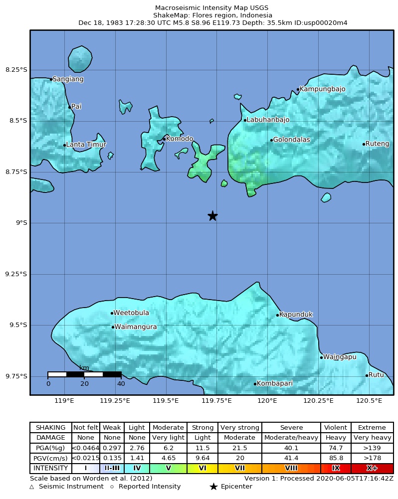 USGS ShakeMap: estimated shaking intensity around the epicenter