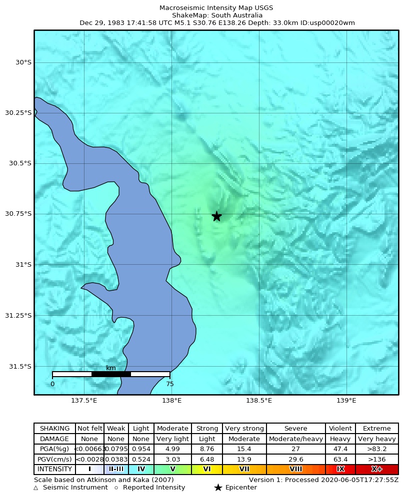 USGS ShakeMap: estimated shaking intensity around the epicenter
