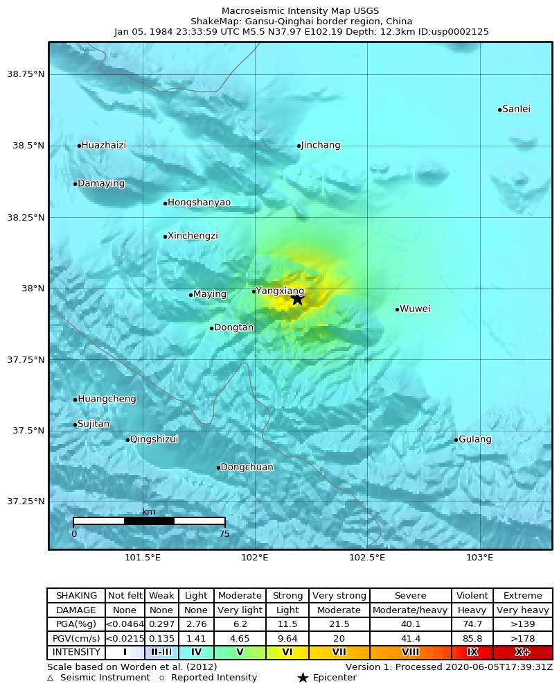 USGS ShakeMap: estimated shaking intensity around the epicenter