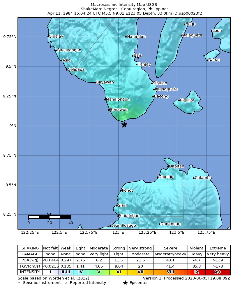 USGS ShakeMap: estimated shaking intensity around the epicenter