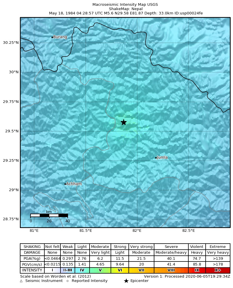 USGS ShakeMap: estimated shaking intensity around the epicenter