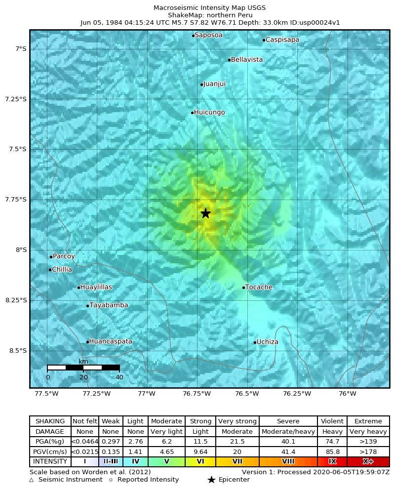 USGS ShakeMap: estimated shaking intensity around the epicenter