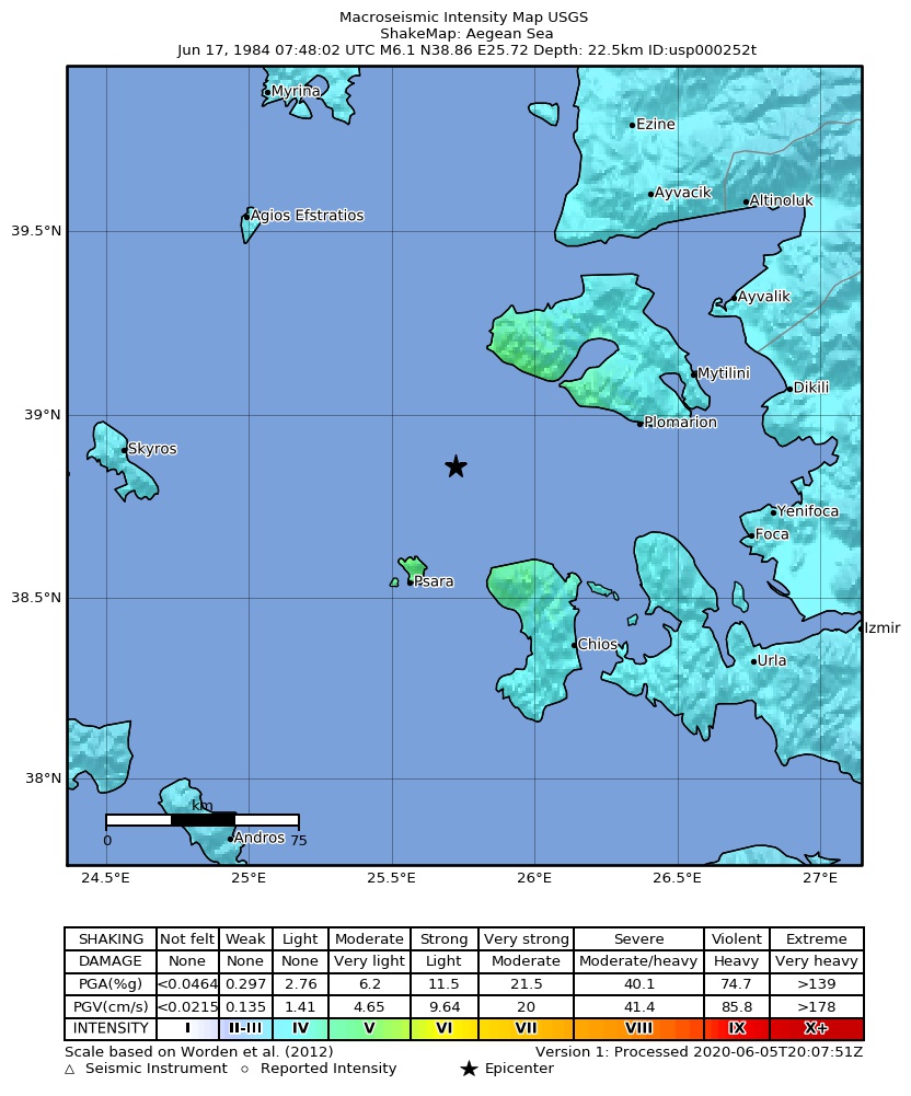 USGS ShakeMap: estimated shaking intensity around the epicenter
