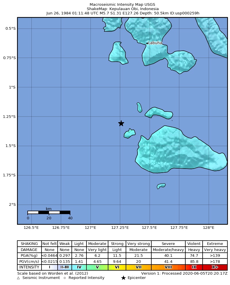 USGS ShakeMap: estimated shaking intensity around the epicenter