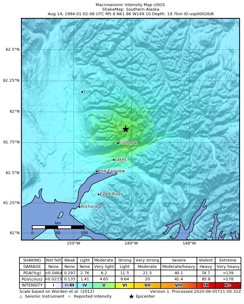 USGS ShakeMap: estimated shaking intensity around the epicenter