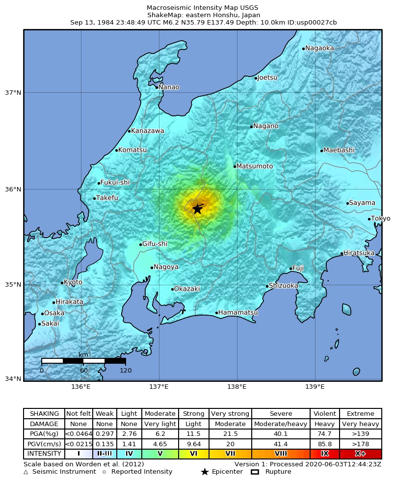 USGS ShakeMap: estimated shaking intensity around the epicenter