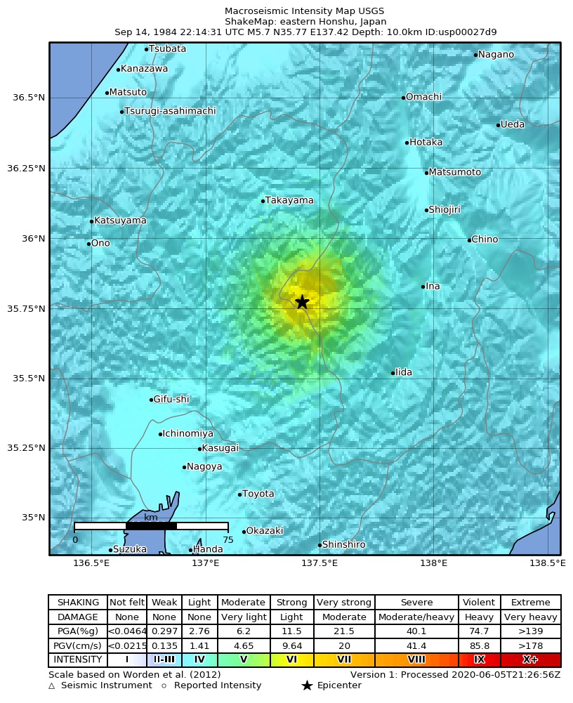 USGS ShakeMap: estimated shaking intensity around the epicenter