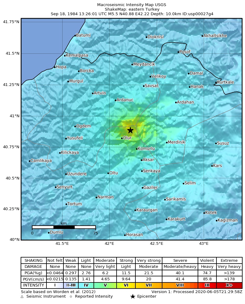 USGS ShakeMap: estimated shaking intensity around the epicenter