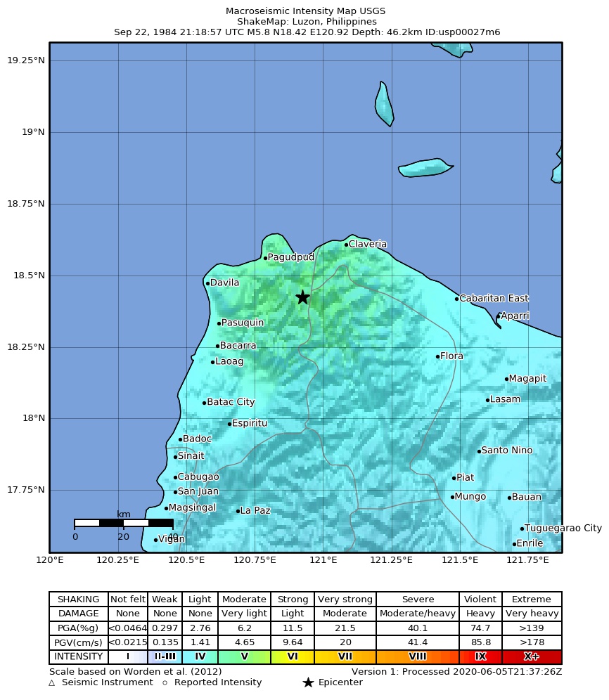 USGS ShakeMap: estimated shaking intensity around the epicenter