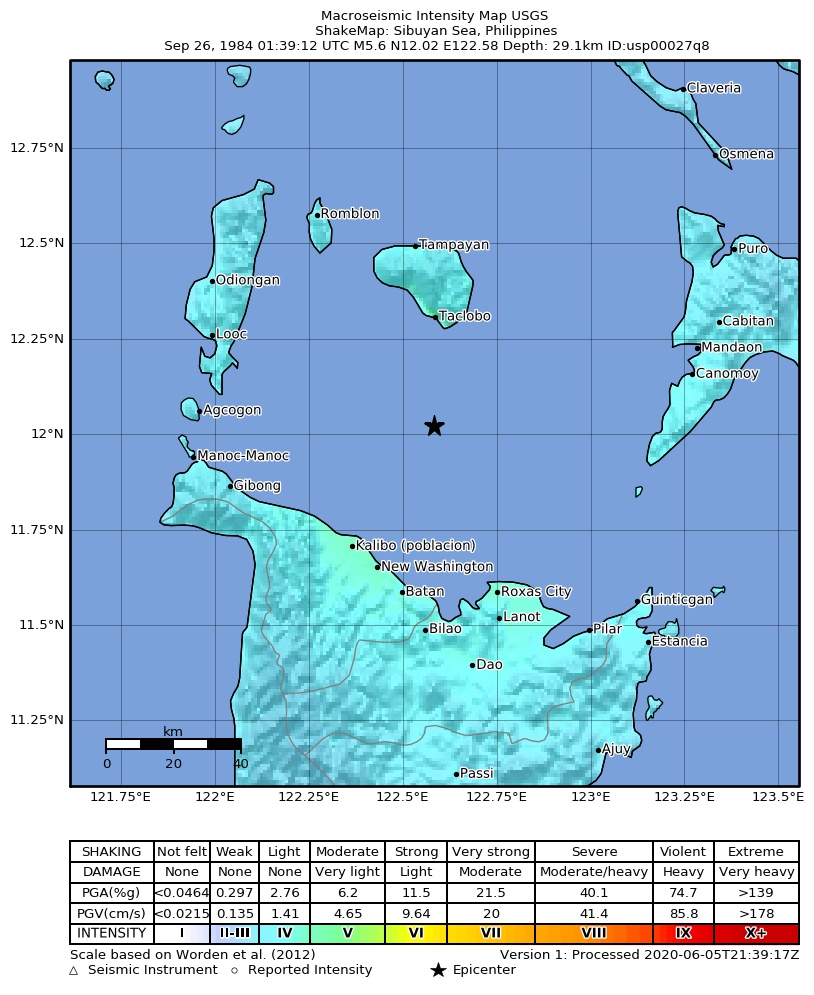 USGS ShakeMap: estimated shaking intensity around the epicenter