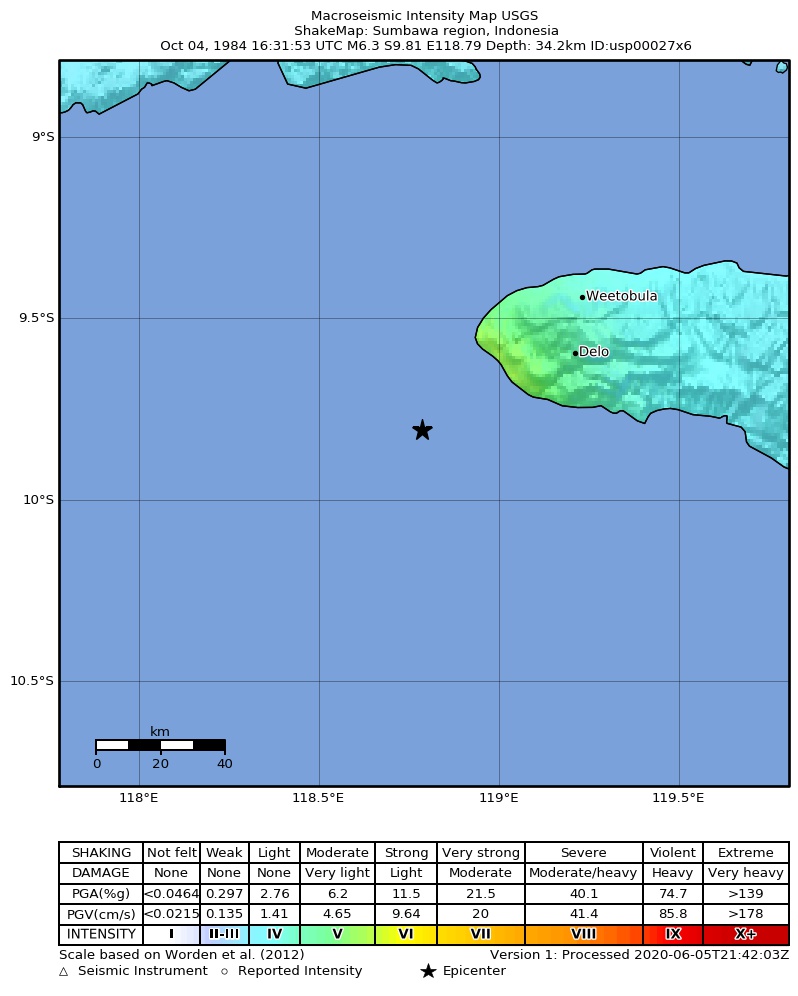 USGS ShakeMap: estimated shaking intensity around the epicenter