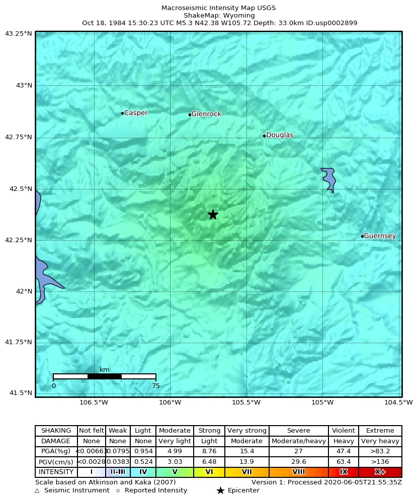 USGS ShakeMap: estimated shaking intensity around the epicenter