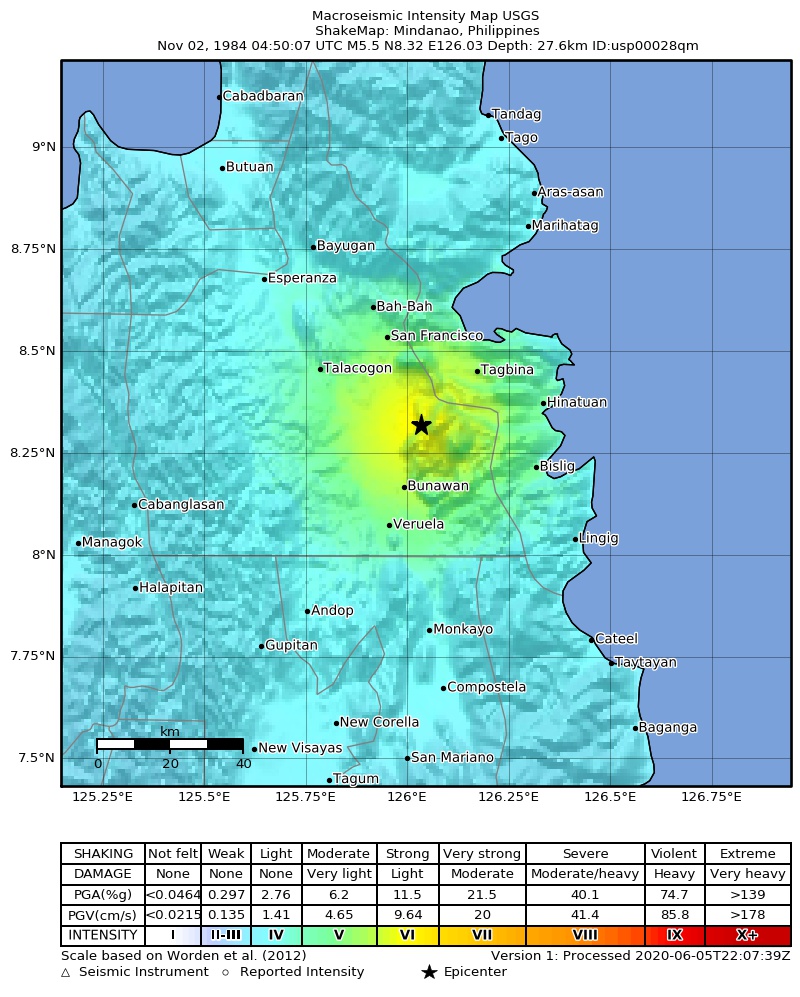 USGS ShakeMap: estimated shaking intensity around the epicenter