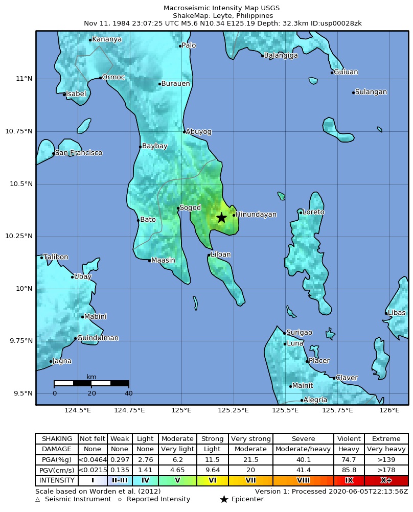 USGS ShakeMap: estimated shaking intensity around the epicenter