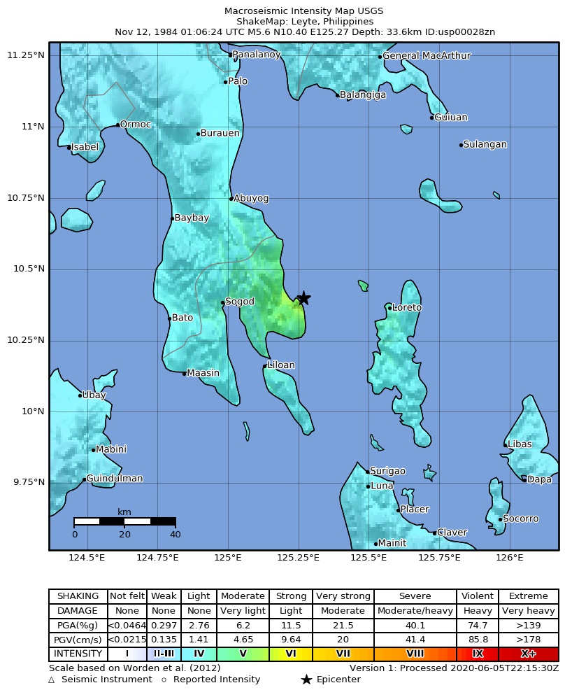 USGS ShakeMap: estimated shaking intensity around the epicenter