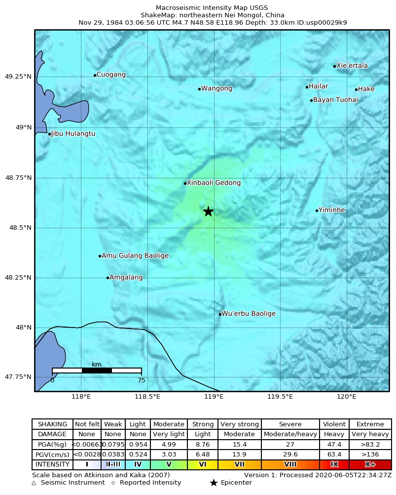USGS ShakeMap: estimated shaking intensity around the epicenter