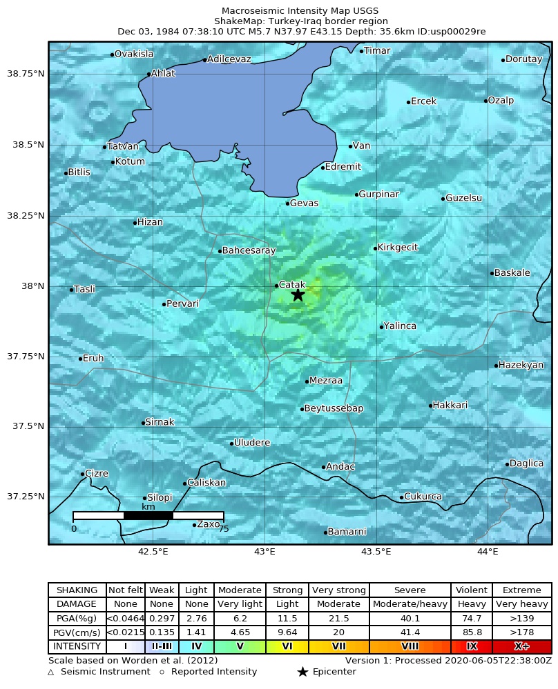 USGS ShakeMap: estimated shaking intensity around the epicenter
