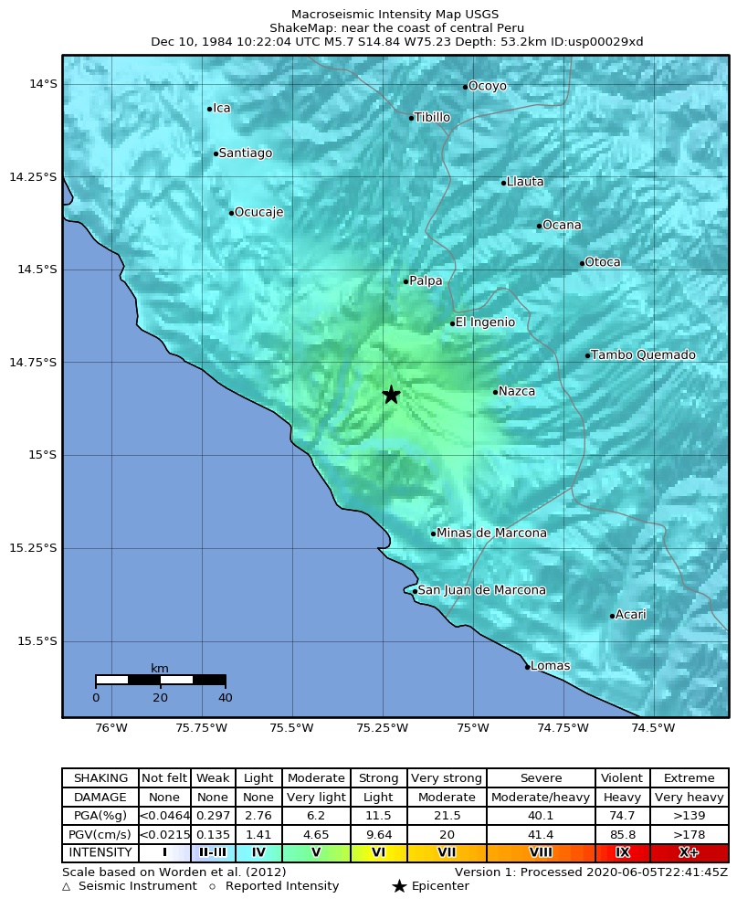 USGS ShakeMap: estimated shaking intensity around the epicenter