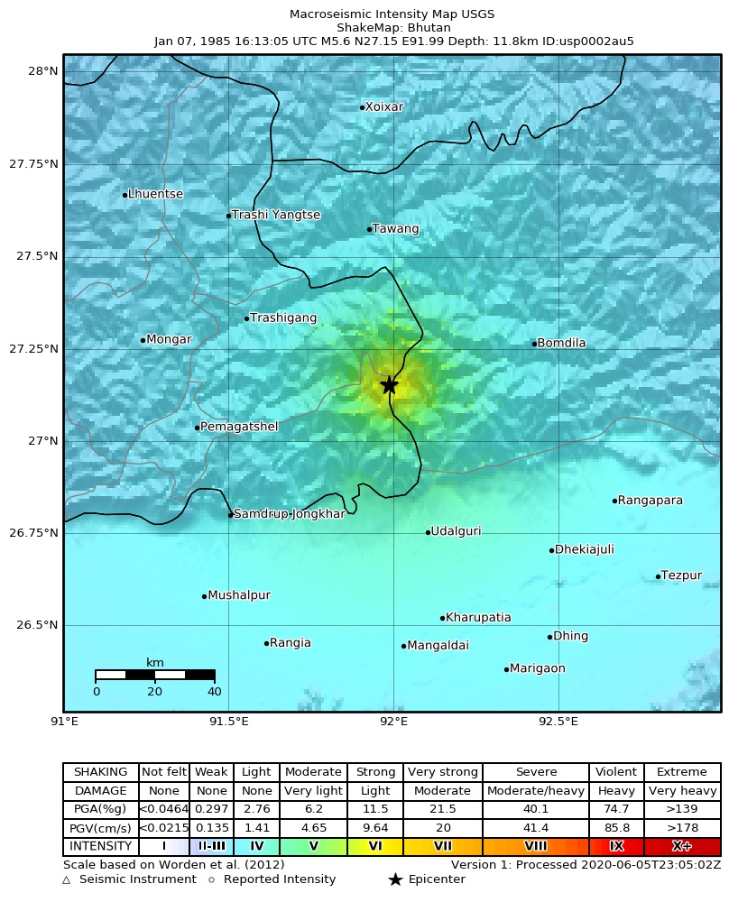 USGS ShakeMap: estimated shaking intensity around the epicenter