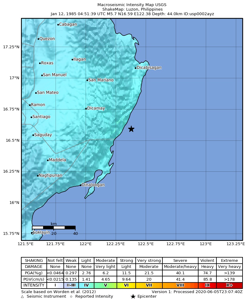 USGS ShakeMap: estimated shaking intensity around the epicenter