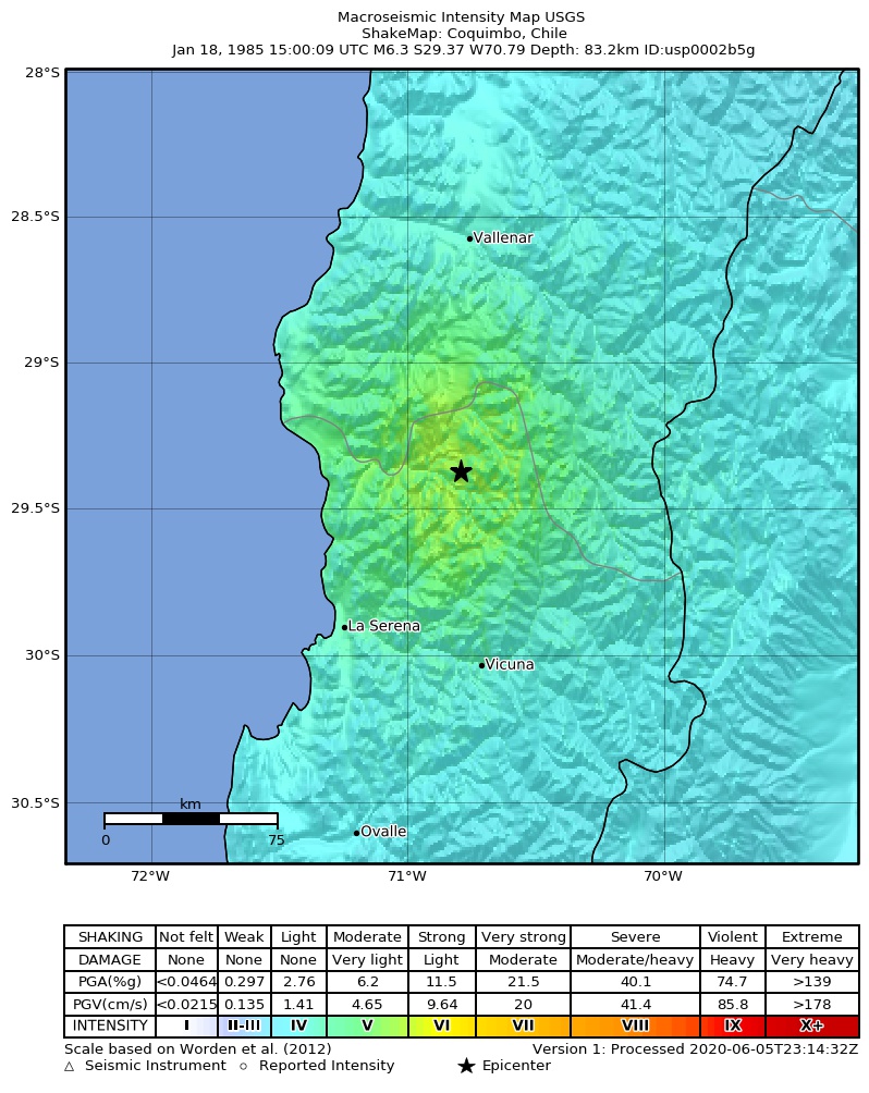 USGS ShakeMap: estimated shaking intensity around the epicenter