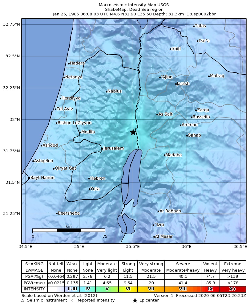 USGS ShakeMap: estimated shaking intensity around the epicenter