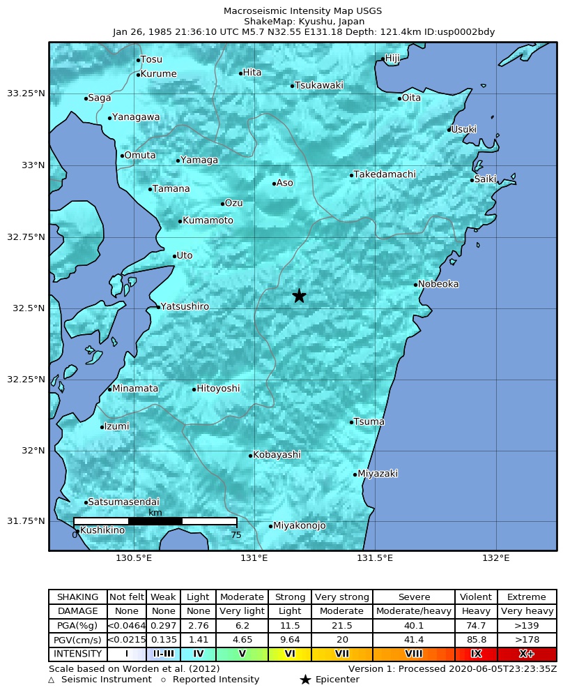 USGS ShakeMap: estimated shaking intensity around the epicenter