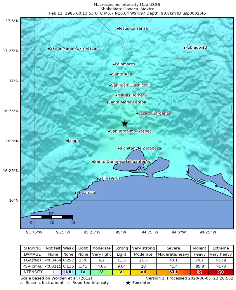 USGS ShakeMap: estimated shaking intensity around the epicenter