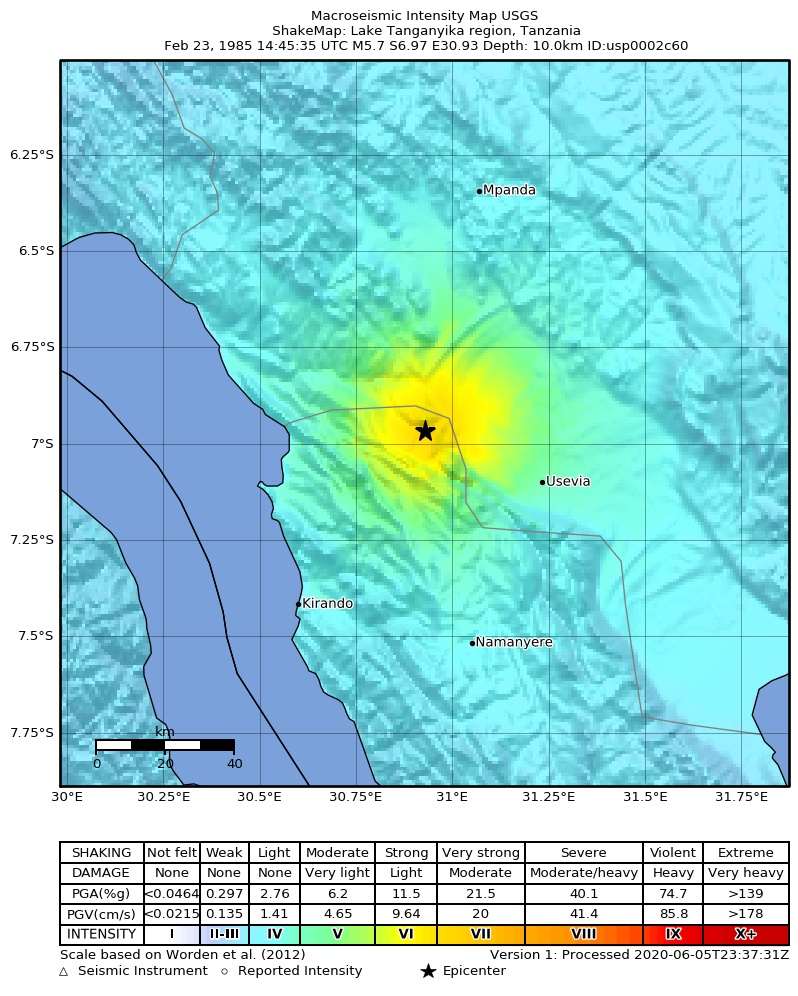 USGS ShakeMap: estimated shaking intensity around the epicenter