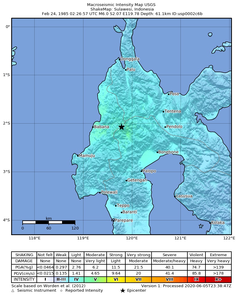 USGS ShakeMap: estimated shaking intensity around the epicenter