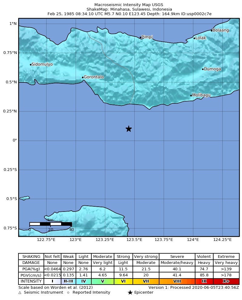 USGS ShakeMap: estimated shaking intensity around the epicenter