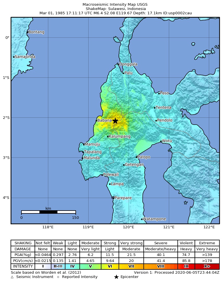 USGS ShakeMap: estimated shaking intensity around the epicenter