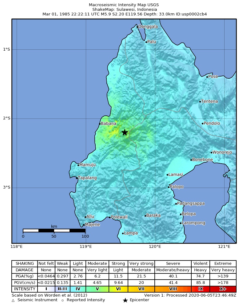 USGS ShakeMap: estimated shaking intensity around the epicenter