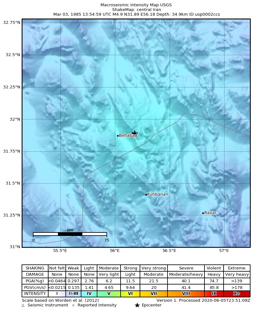 USGS ShakeMap: estimated shaking intensity around the epicenter