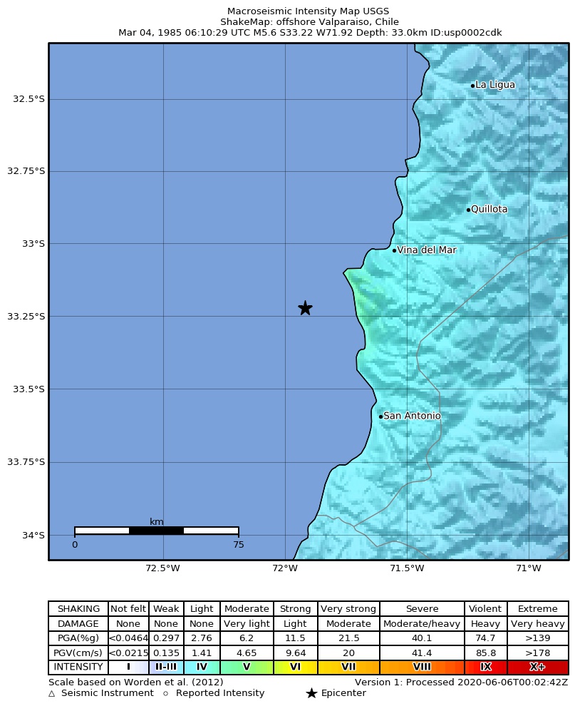 USGS ShakeMap: estimated shaking intensity around the epicenter