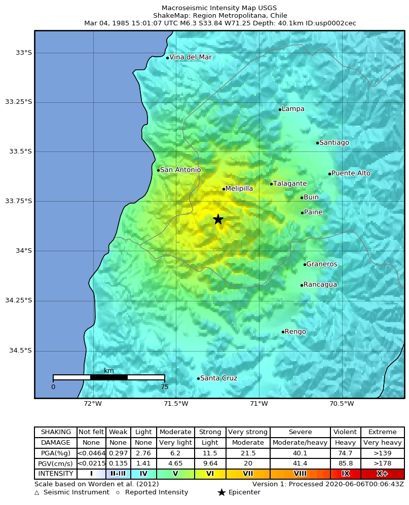 USGS ShakeMap: estimated shaking intensity around the epicenter