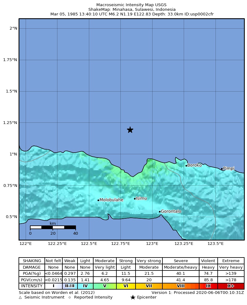 USGS ShakeMap: estimated shaking intensity around the epicenter