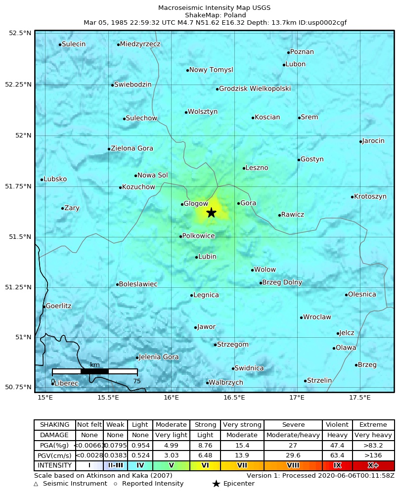 USGS ShakeMap: estimated shaking intensity around the epicenter