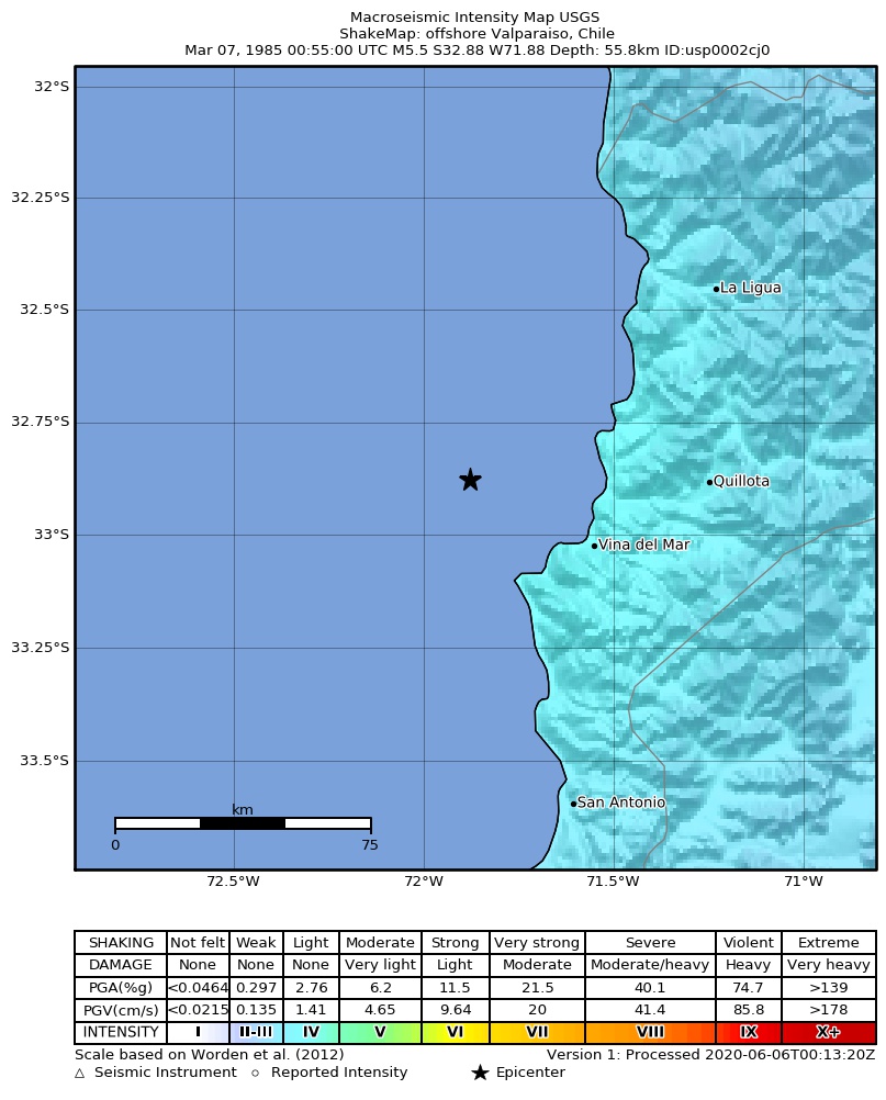 USGS ShakeMap: estimated shaking intensity around the epicenter