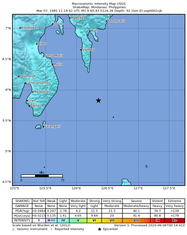 USGS ShakeMap: estimated shaking intensity around the epicenter
