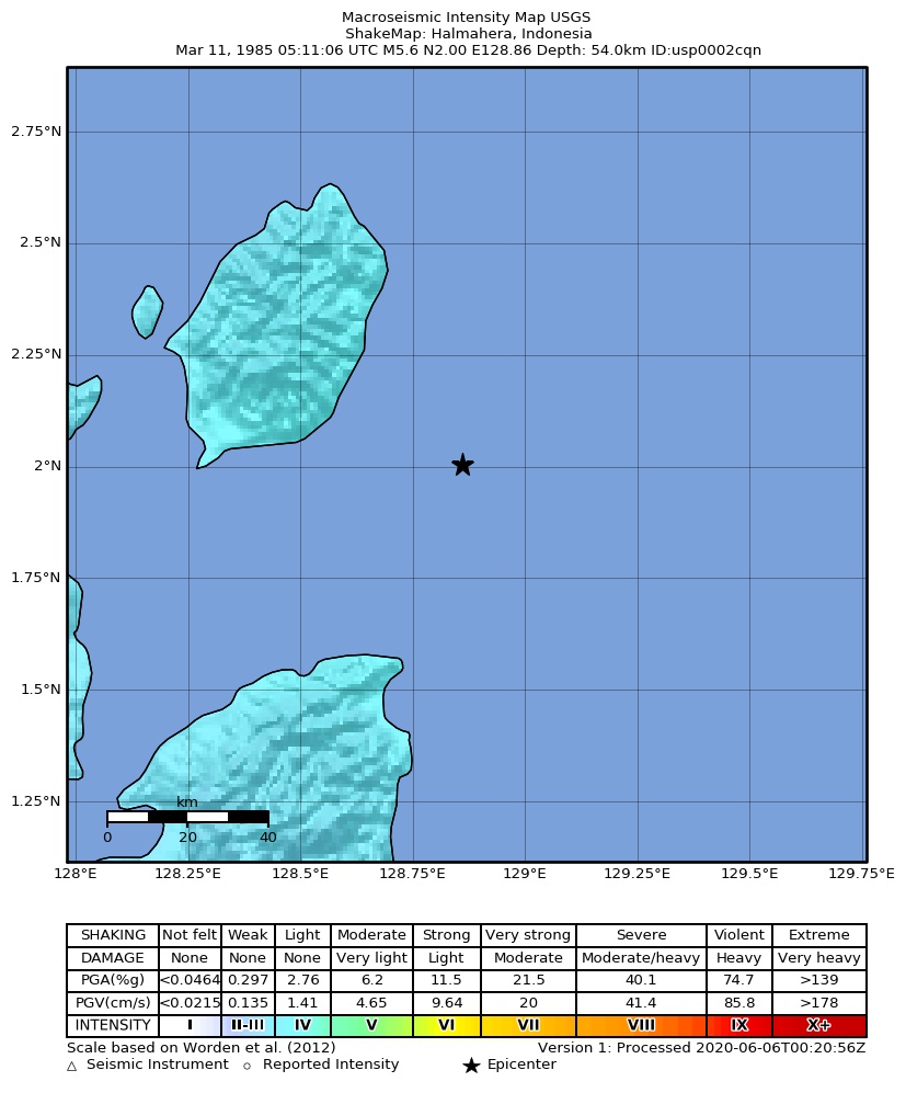 USGS ShakeMap: estimated shaking intensity around the epicenter