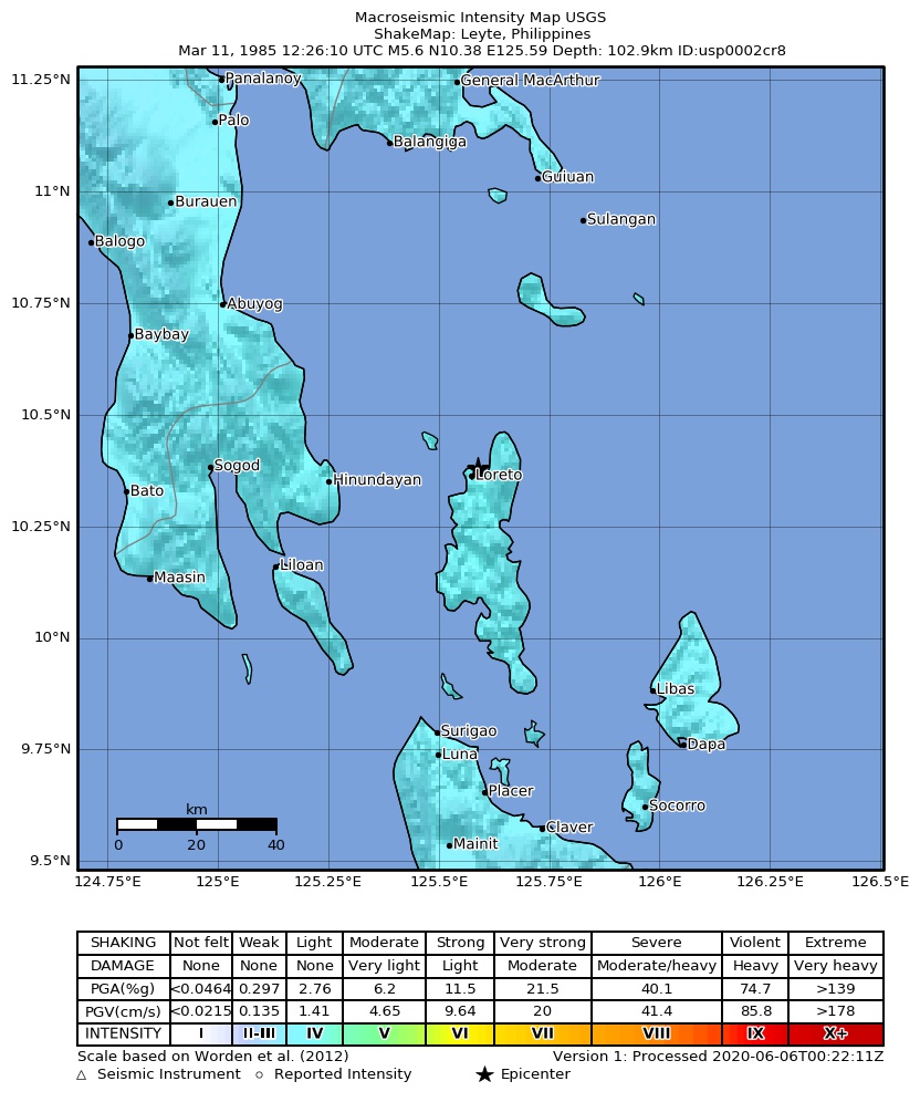 USGS ShakeMap: estimated shaking intensity around the epicenter